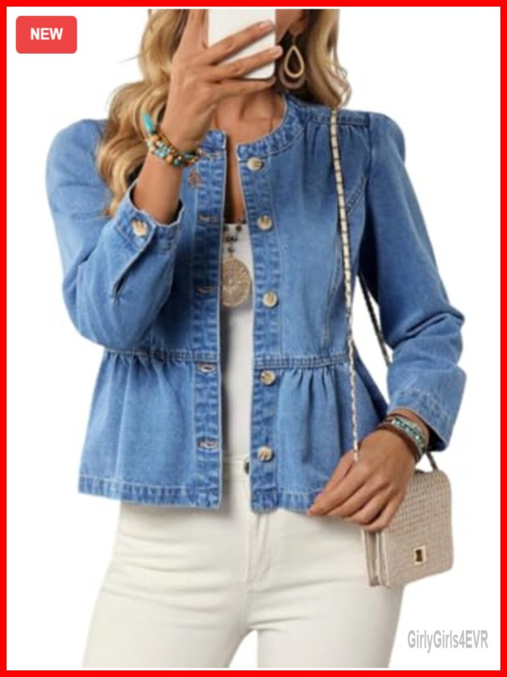 Women Peplum Denim Jacket Button Down Ruffle Hem Crop Jean Jacket